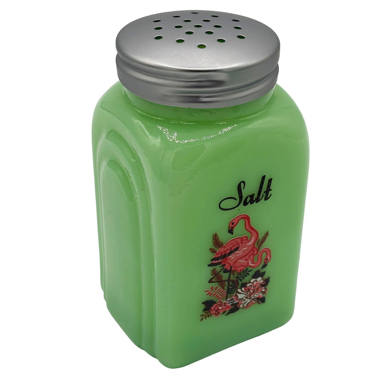 Mid-century Jadeite Green Glass Pink Flamingos Salt and Pepper Set - 10