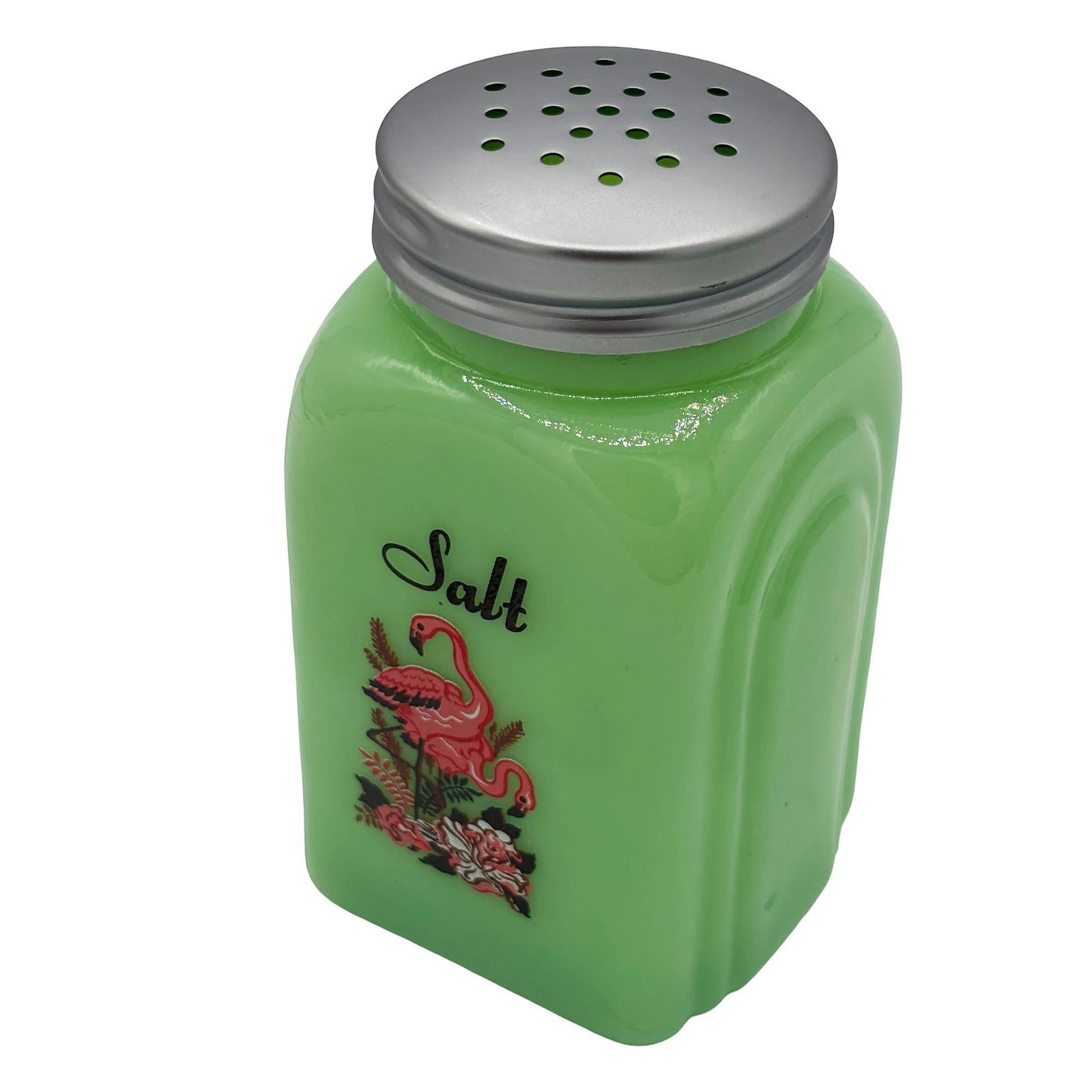 Mid-century Jadeite Green Glass Pink Flamingos Salt and Pepper Set - 11