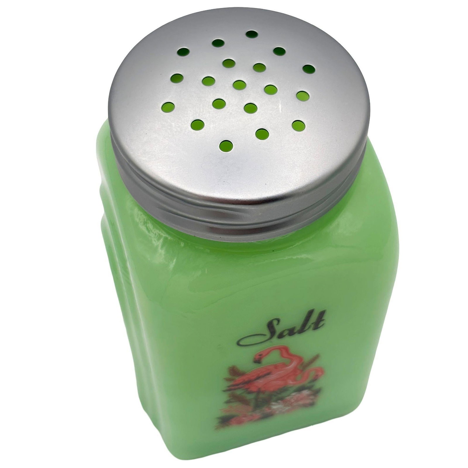 Mid-century Jadeite Green Glass Pink Flamingos Salt and Pepper Set - 14