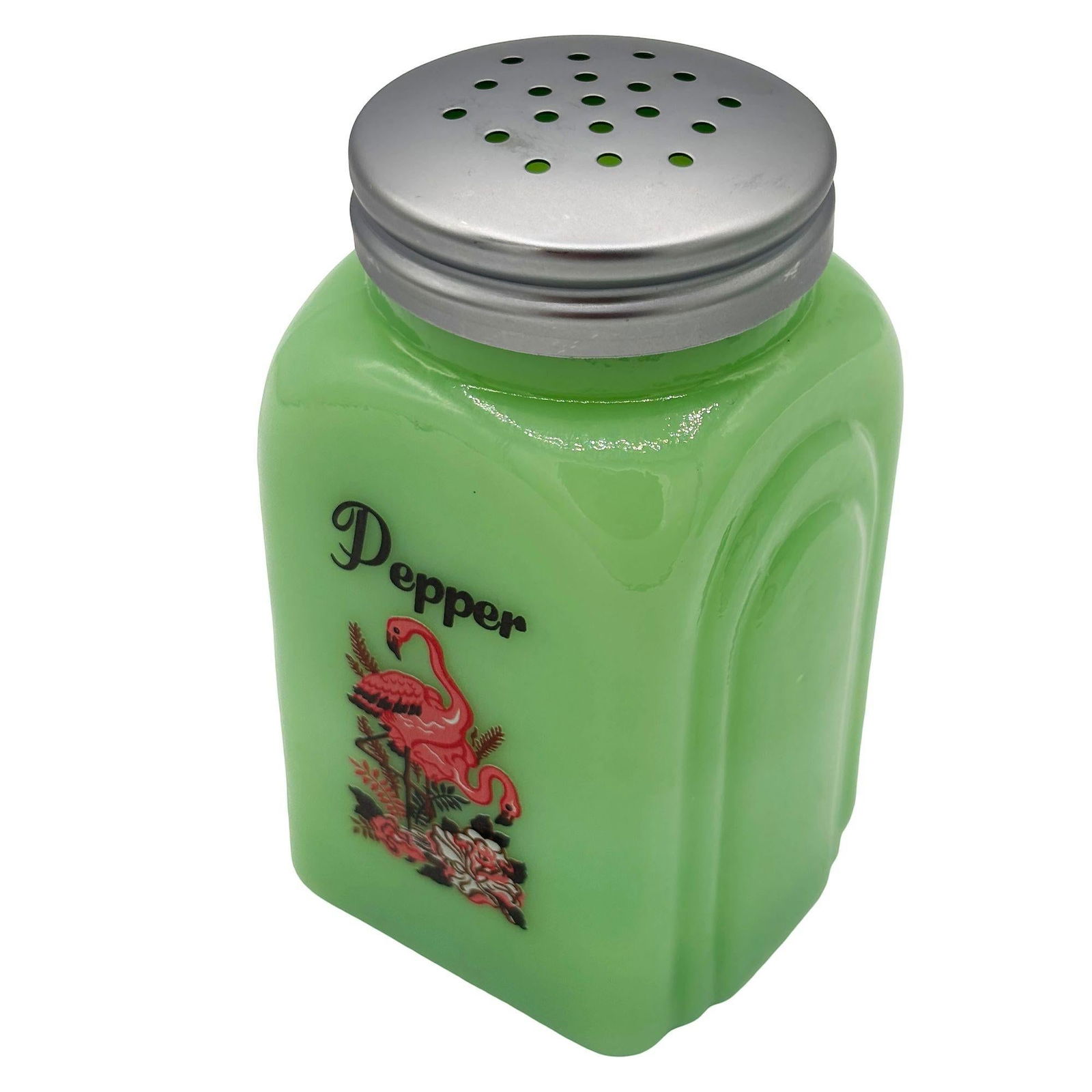 Mid-century Jadeite Green Glass Pink Flamingos Salt and Pepper Set - 16