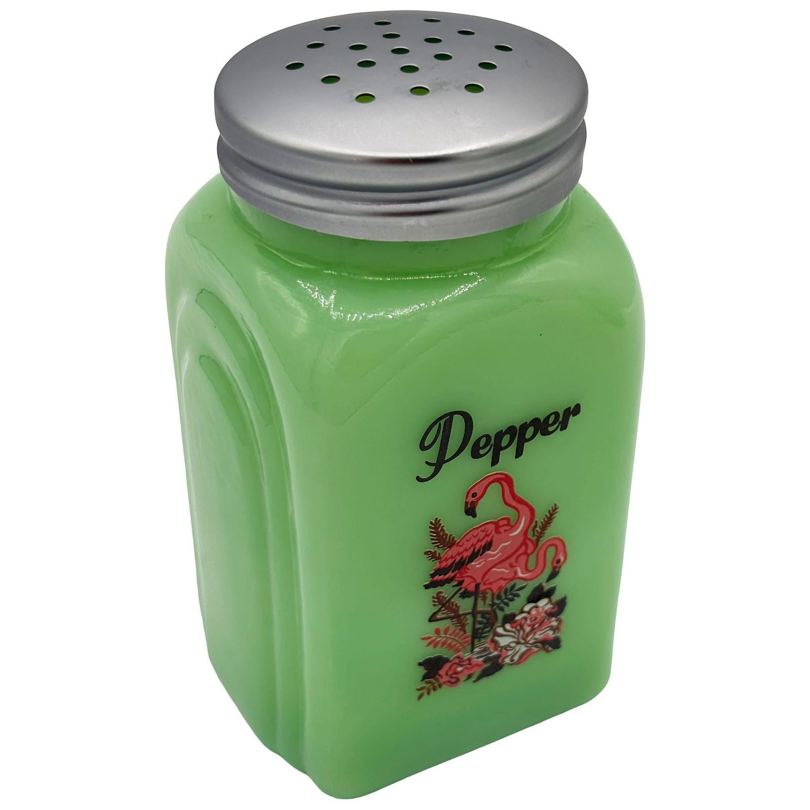 Mid-century Jadeite Green Glass Pink Flamingos Salt and Pepper Set - 2