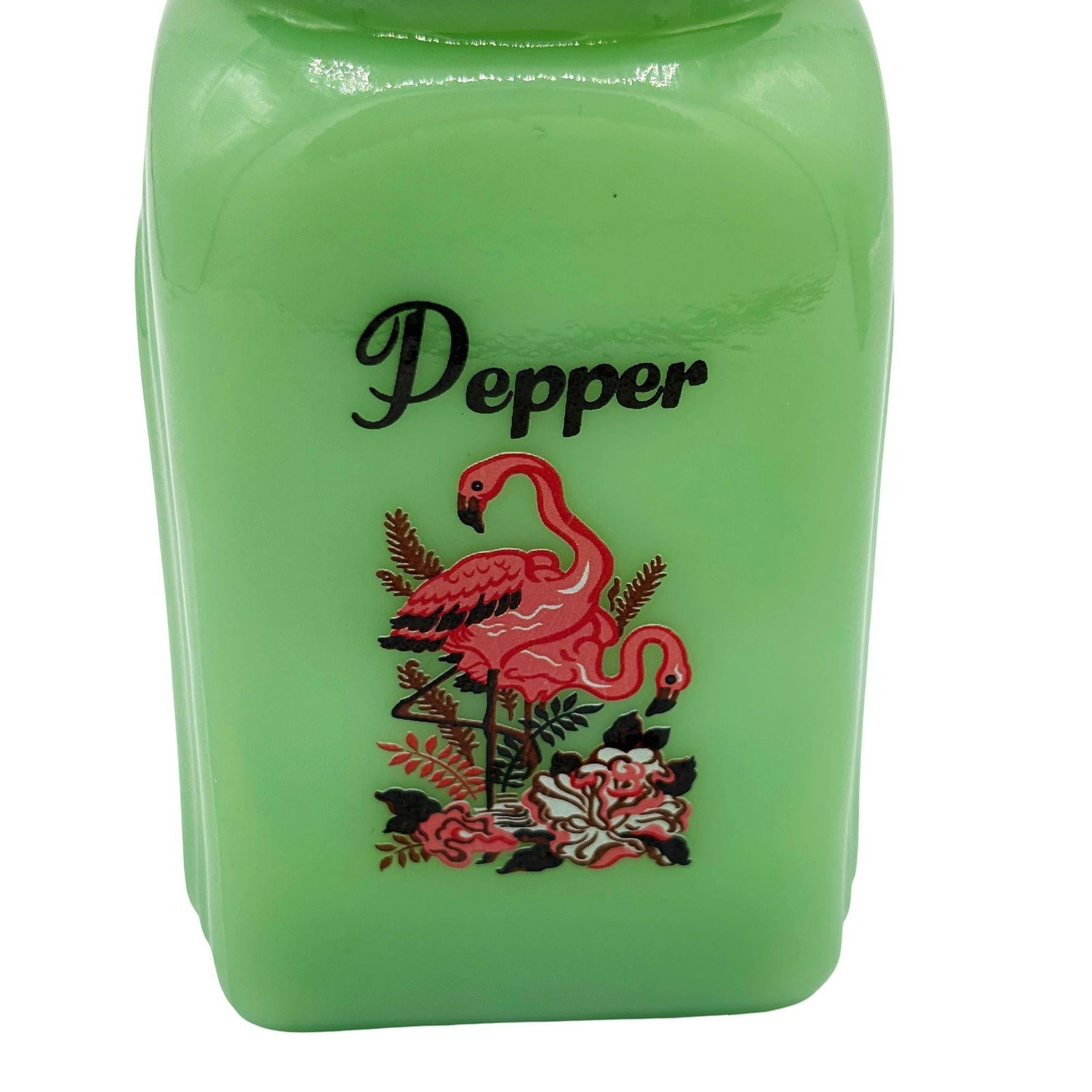 Mid-century Jadeite Green Glass Pink Flamingos Salt and Pepper Set - 5