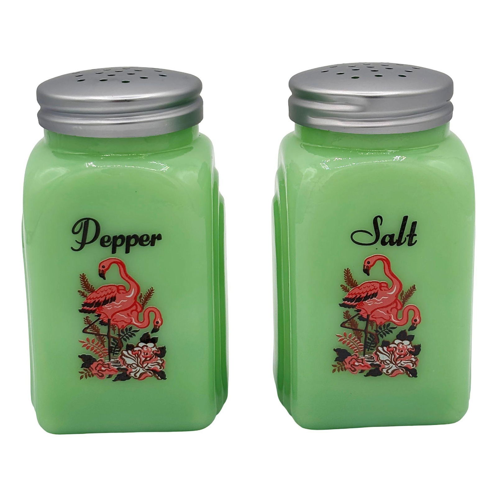 Mid-century Jadeite Green Glass Pink Flamingos Salt and Pepper Set - 6