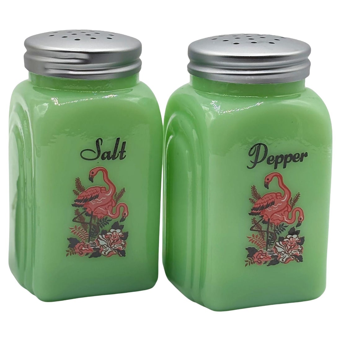Mid-century Jadeite Green Glass Pink Flamingos Salt and Pepper Set - 7