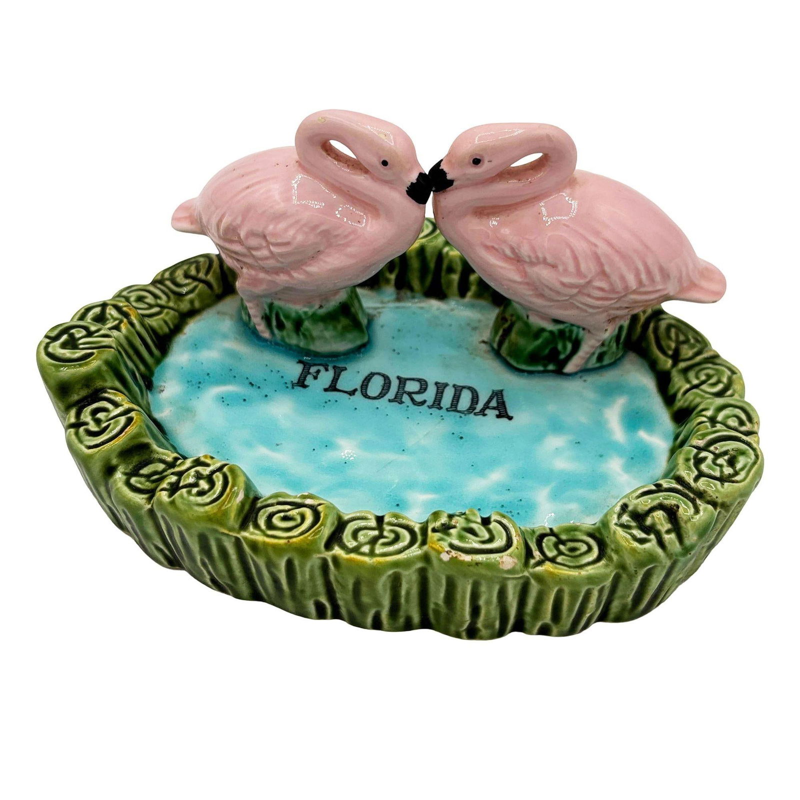 Rare Mid-century Kissing Pink Flamingo Pond Florida Ceramic Ashtray - 3
