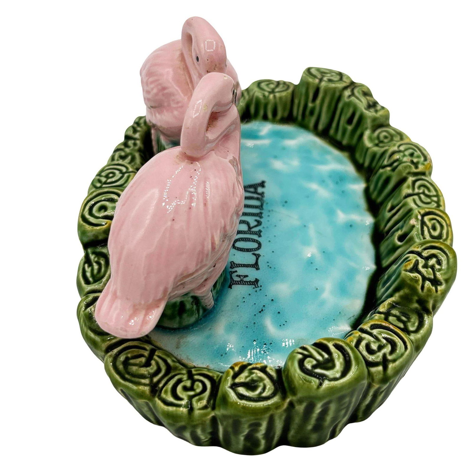 Rare Mid-century Kissing Pink Flamingo Pond Florida Ceramic Ashtray - 4