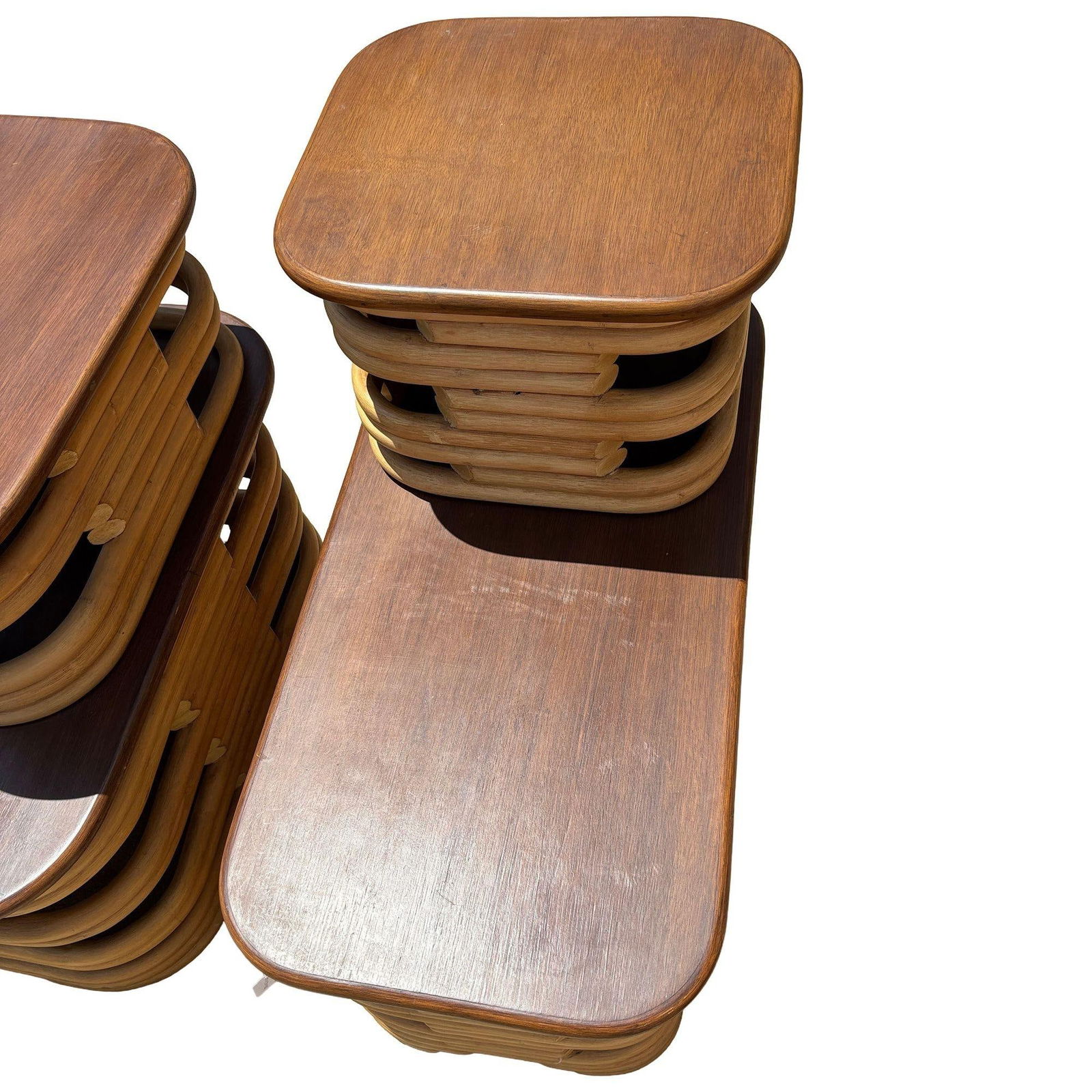 Mid-Century Two-Tier Stacked Rattan & Mahogany Costal Side & Corner Table Set - 11