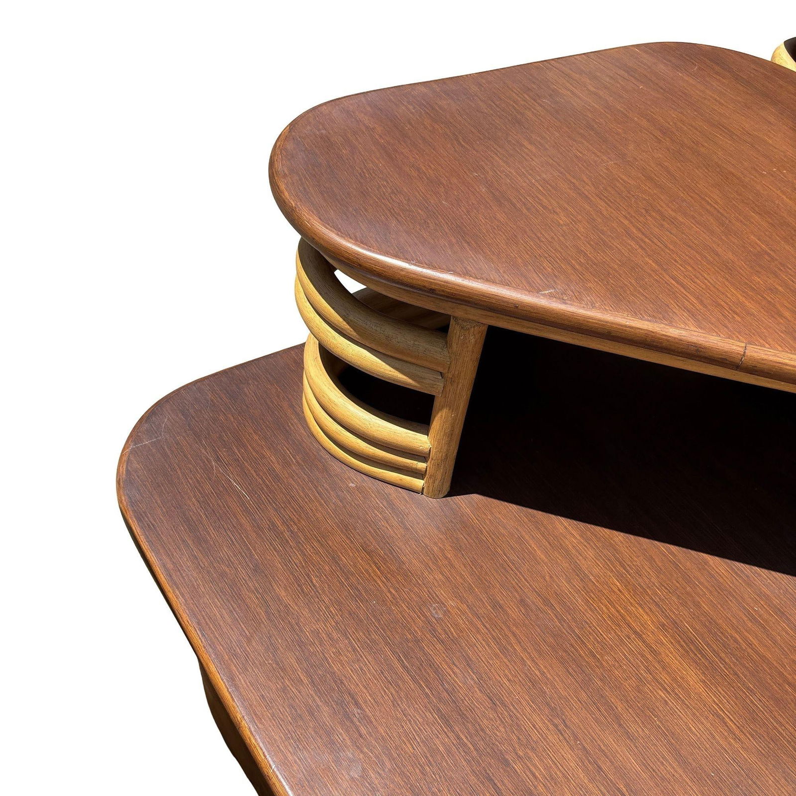 Mid-Century Two-Tier Stacked Rattan & Mahogany Costal Side & Corner Table Set - 15