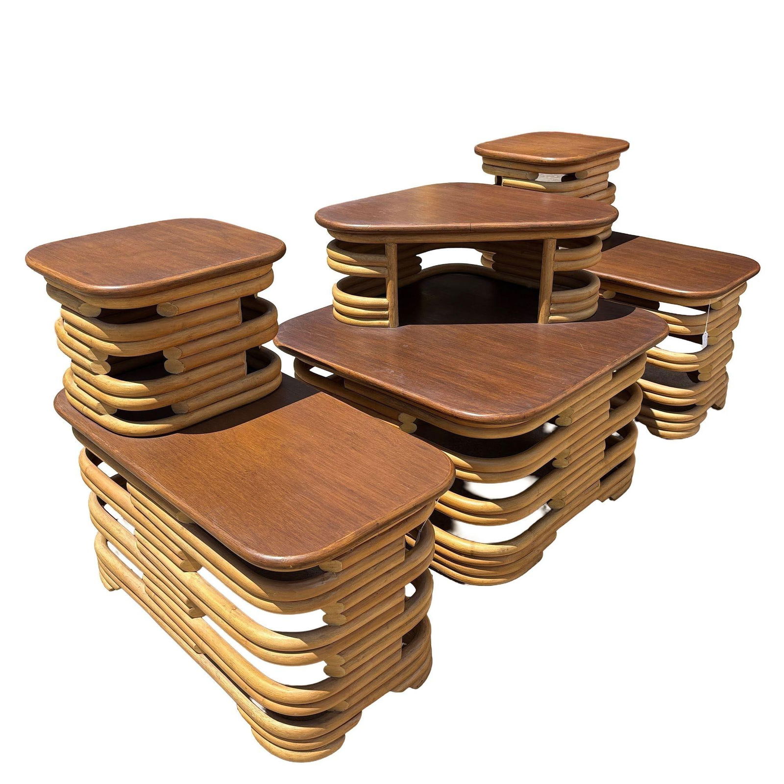 Mid-Century Two-Tier Stacked Rattan & Mahogany Costal Side & Corner Table Set - 18