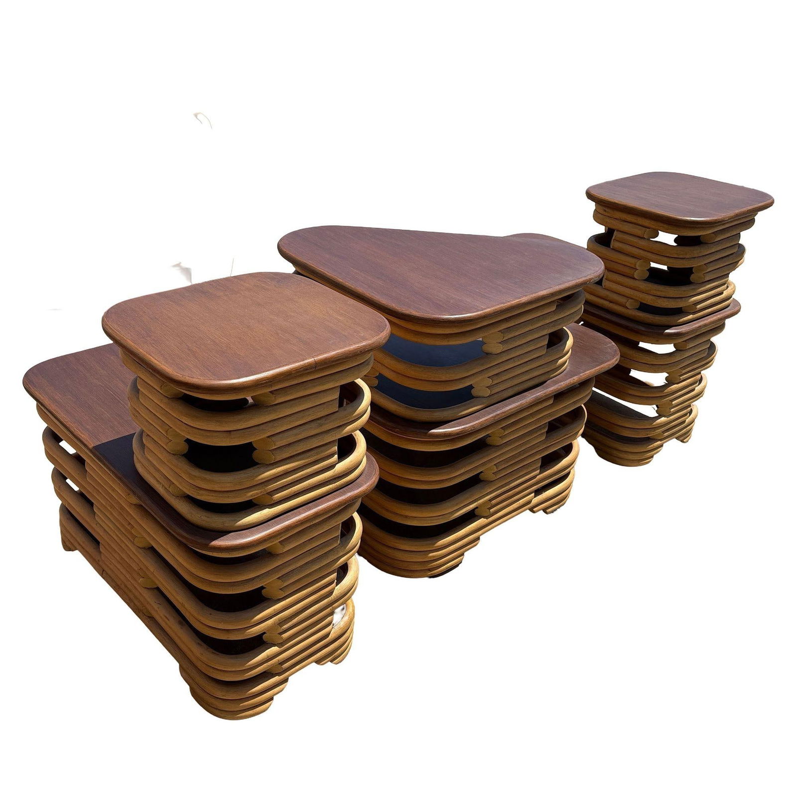 Mid-Century Two-Tier Stacked Rattan & Mahogany Costal Side & Corner Table Set - 2