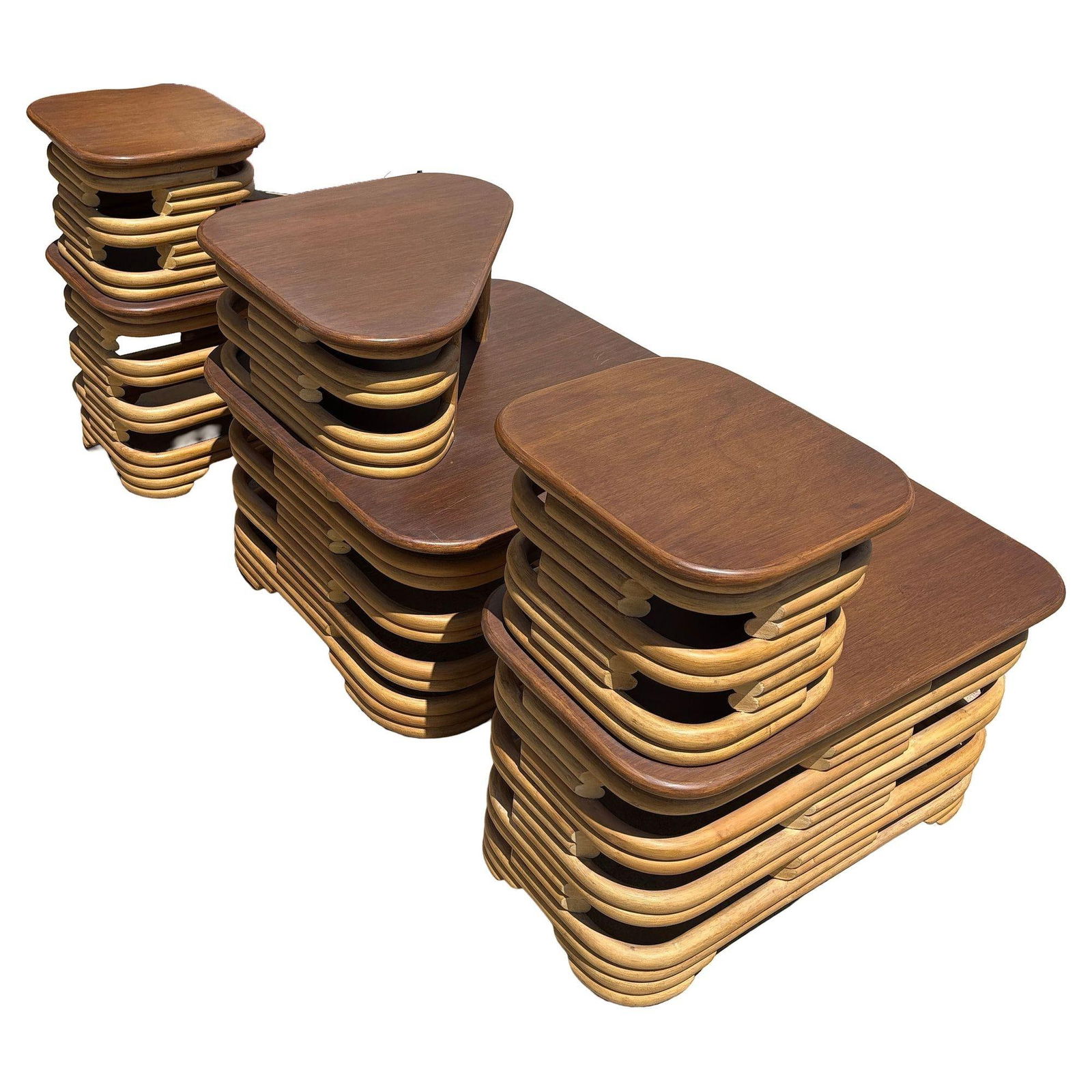 Mid-Century Two-Tier Stacked Rattan & Mahogany Costal Side & Corner Table Set - 4