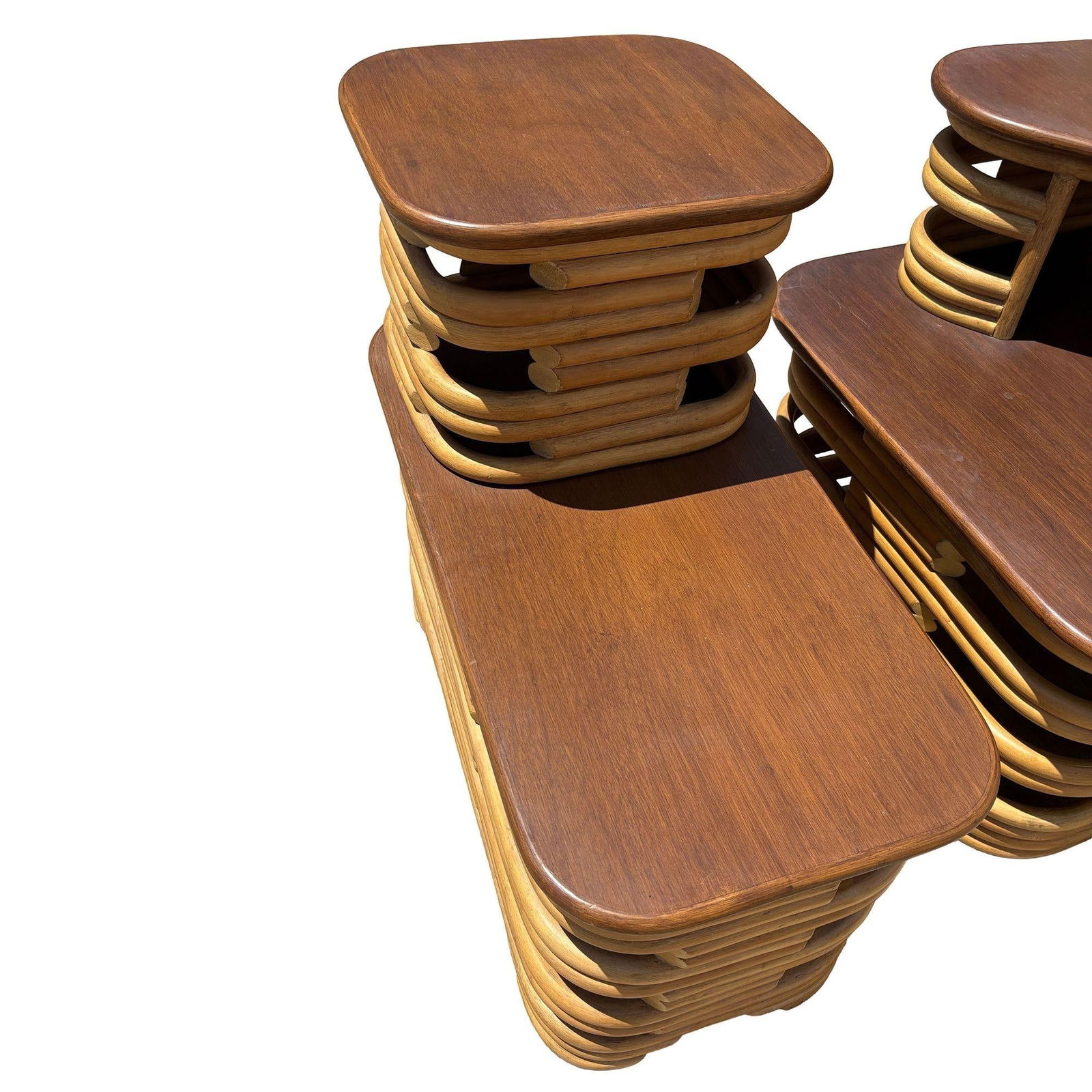 Mid-Century Two-Tier Stacked Rattan & Mahogany Costal Side & Corner Table Set - 9