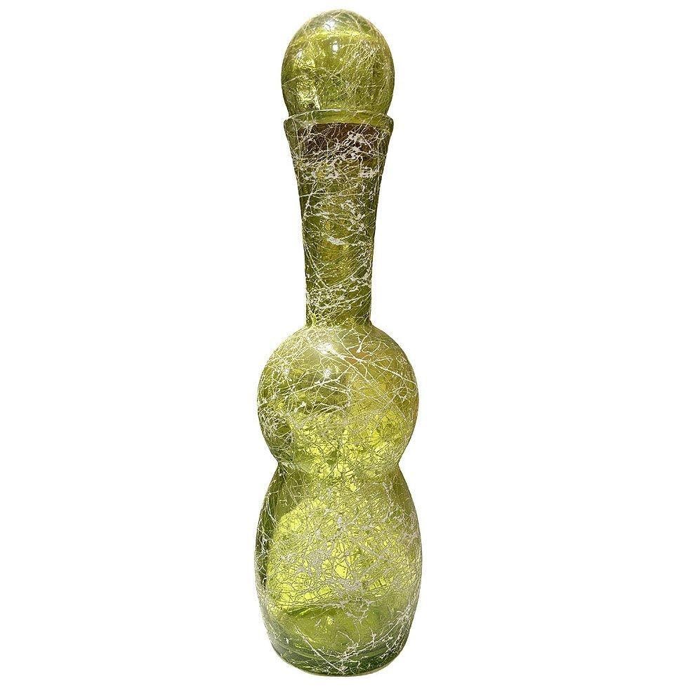 Spanish Mid Century Spaghetti String Green Art Glass String Decanter Bottle - 8