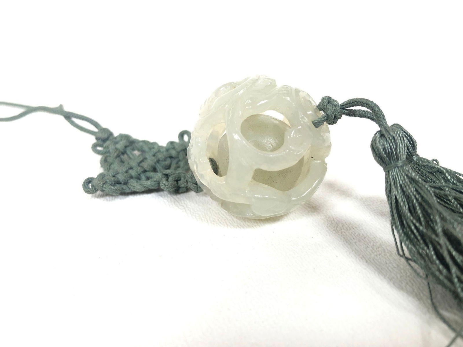 70s Boho Hand-Carved Tremolite Jade Pendant Necklace with Silk Knot & Tassel - 3