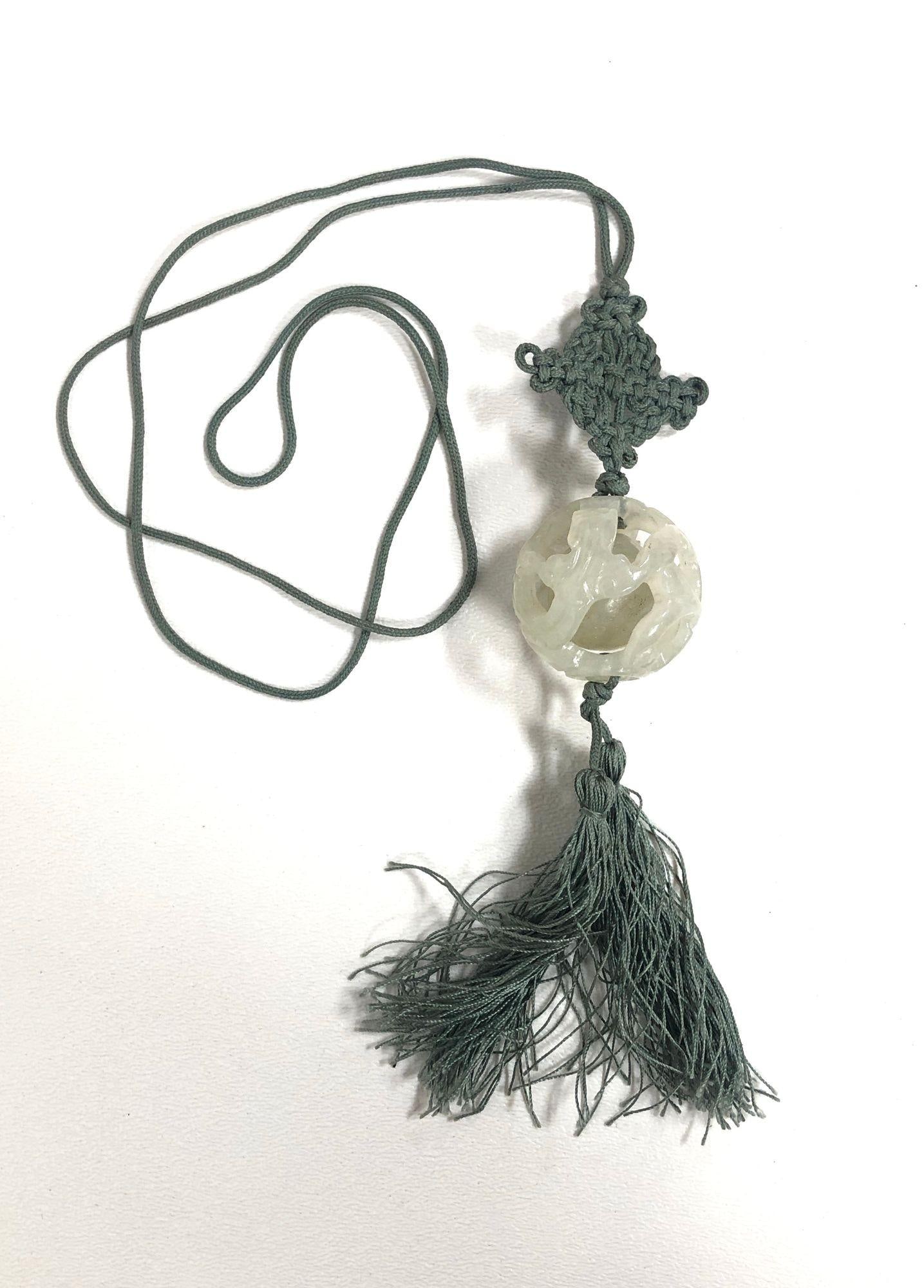 70s Boho Hand-Carved Tremolite Jade Pendant Necklace with Silk Knot & Tassel - 4