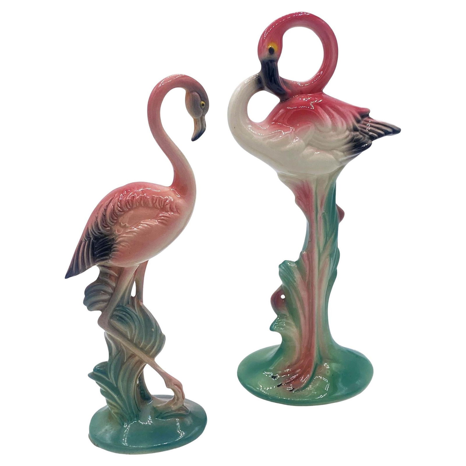 Matching Mid-century Pink Flamingo Ceramic Tabletop Statue Set By Brad Kealer: Title: Matching Mid-century Pink Flamingo Ceramic Tabletop Statue Set By Brad Kealer Description: Mid-century pink and green matching California ceramic flamingo tabletop statues with the short statue