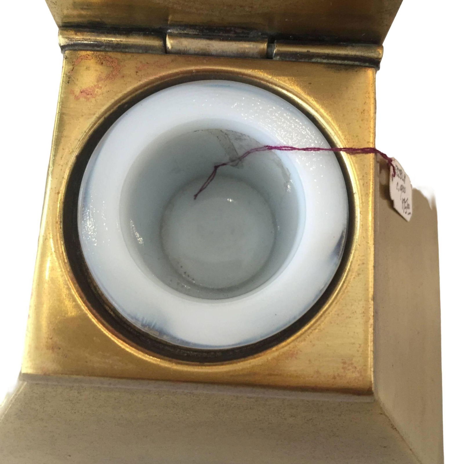 1920s Art Deco Egyptian Revival Brass Pyramid Inkwell With Milk Glass Holder - 4