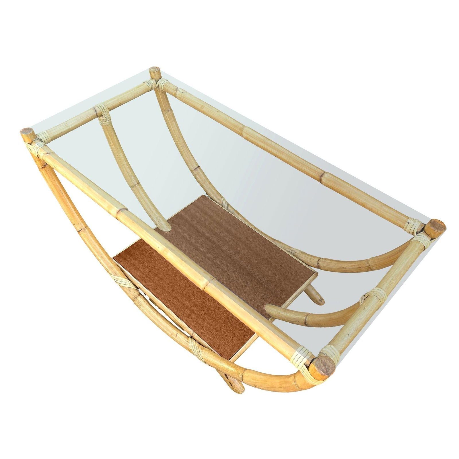 Restored Rattan Boat Shaped Coffee Table with Mahogany Shelf - 3