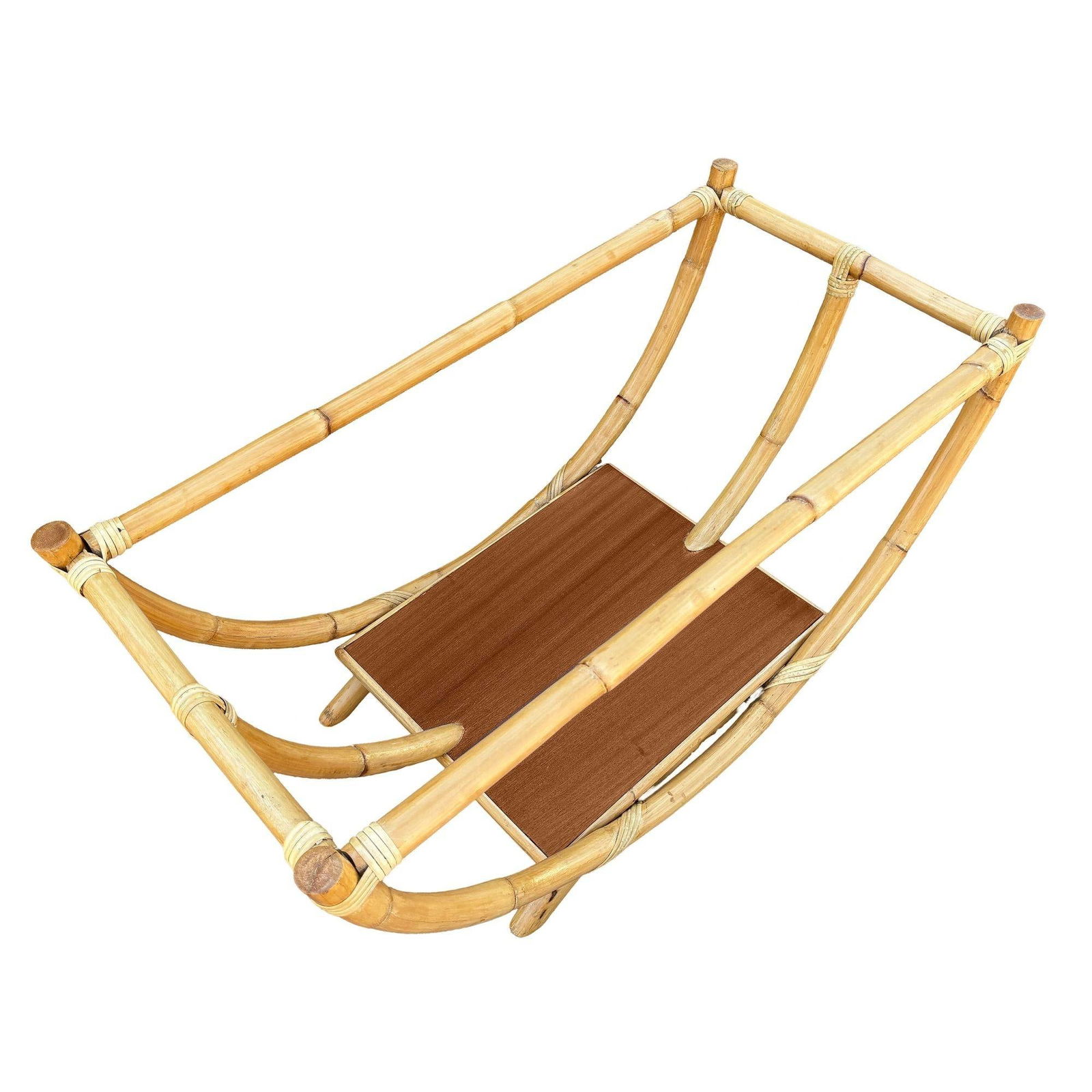 Restored Rattan Boat Shaped Coffee Table with Mahogany Shelf - 5