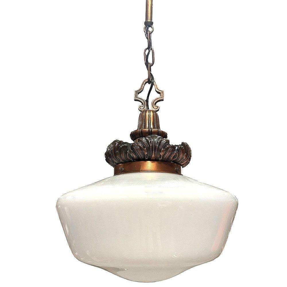 Art Deco Copper Acanthus Leaf Hanging Pendant Light w/ Opal Schoolhouse Globe - 4
