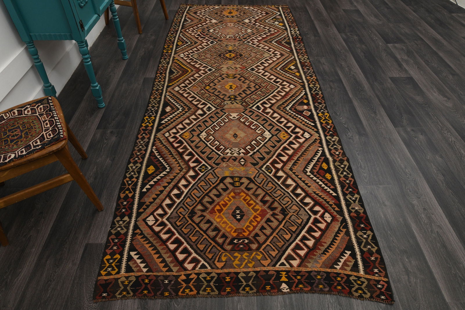 4.3x11.2 ft, TURKISH Runner: Title: 4.3x11.2 ft, TURKISH Runner Description: This Turkish one-of-a-kind Vintage Flatweave Kilim Rug is hand-knotted and handwoven by the most skilled artisans who use pure wool, in vibrant, natural