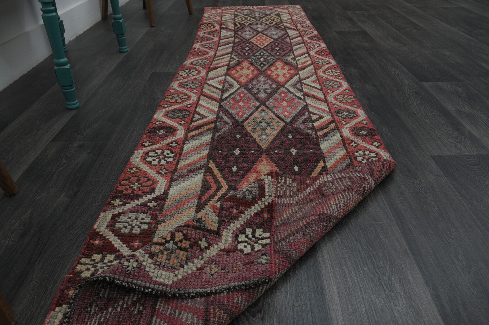 3x10 TURKISH Rug, Wool: Title: 3x10 TURKISH Rug, Wool Description: This Turkish one-of-a-kind Vintage Flatweave Kilim Rug is hand-knotted and handwoven by the most skilled artisans who use pure wool, in vibrant, natural tone