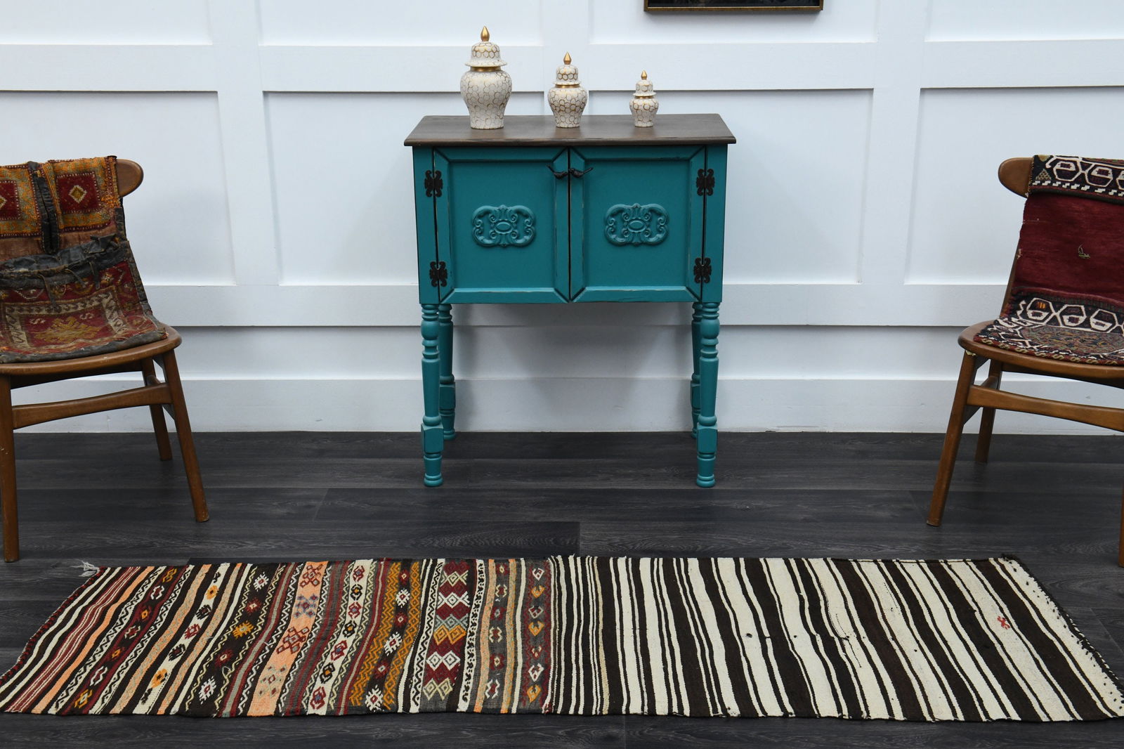 2x7 ft, TURKISH RUNNER: Title: 2x7 ft, TURKISH RUNNER Description: This Turkish one-of-a-kind Vintage Flatweave Kilim Rug is hand-knotted and handwoven by the most skilled artisans who use pure wool, in vibrant, natural