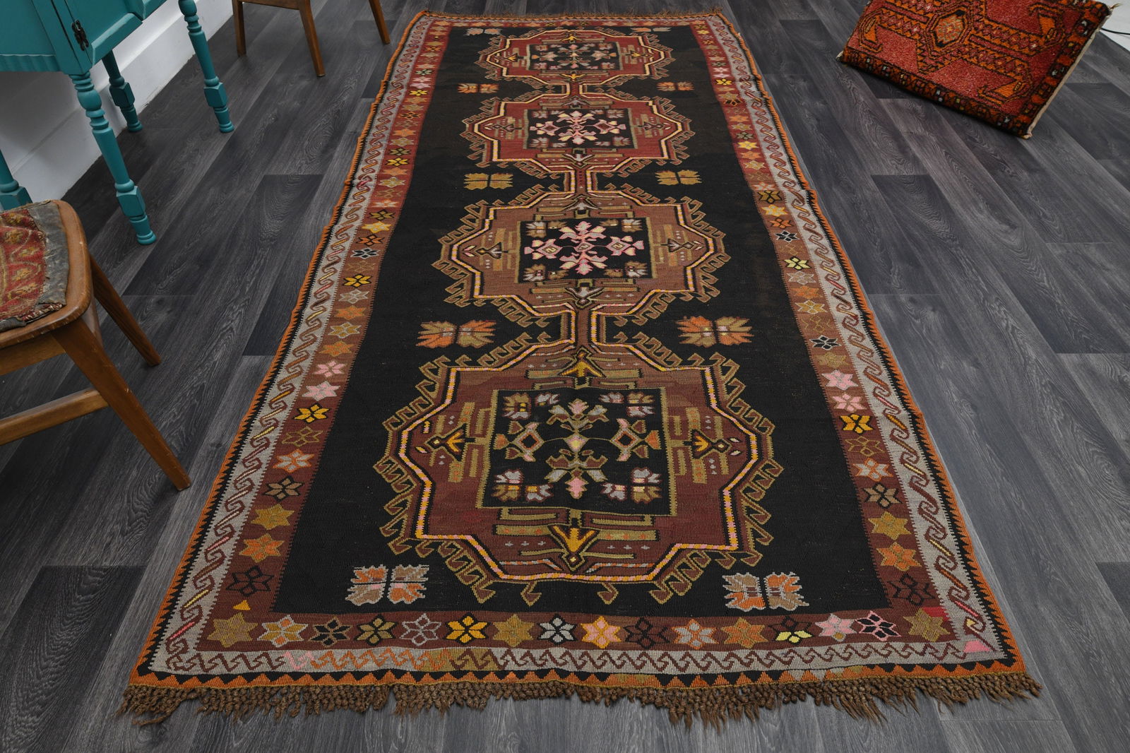 4.9x10.8 Ft, WIDE KILIM Runner Rug: Title: 4.9x10.8 Ft, WIDE KILIM Runner Rug Description: This Turkish one-of-a-kind Vintage Flatweave Kilim Rug is hand-knotted and handwoven by the most skilled artisans who use pure wool, in vibrant,