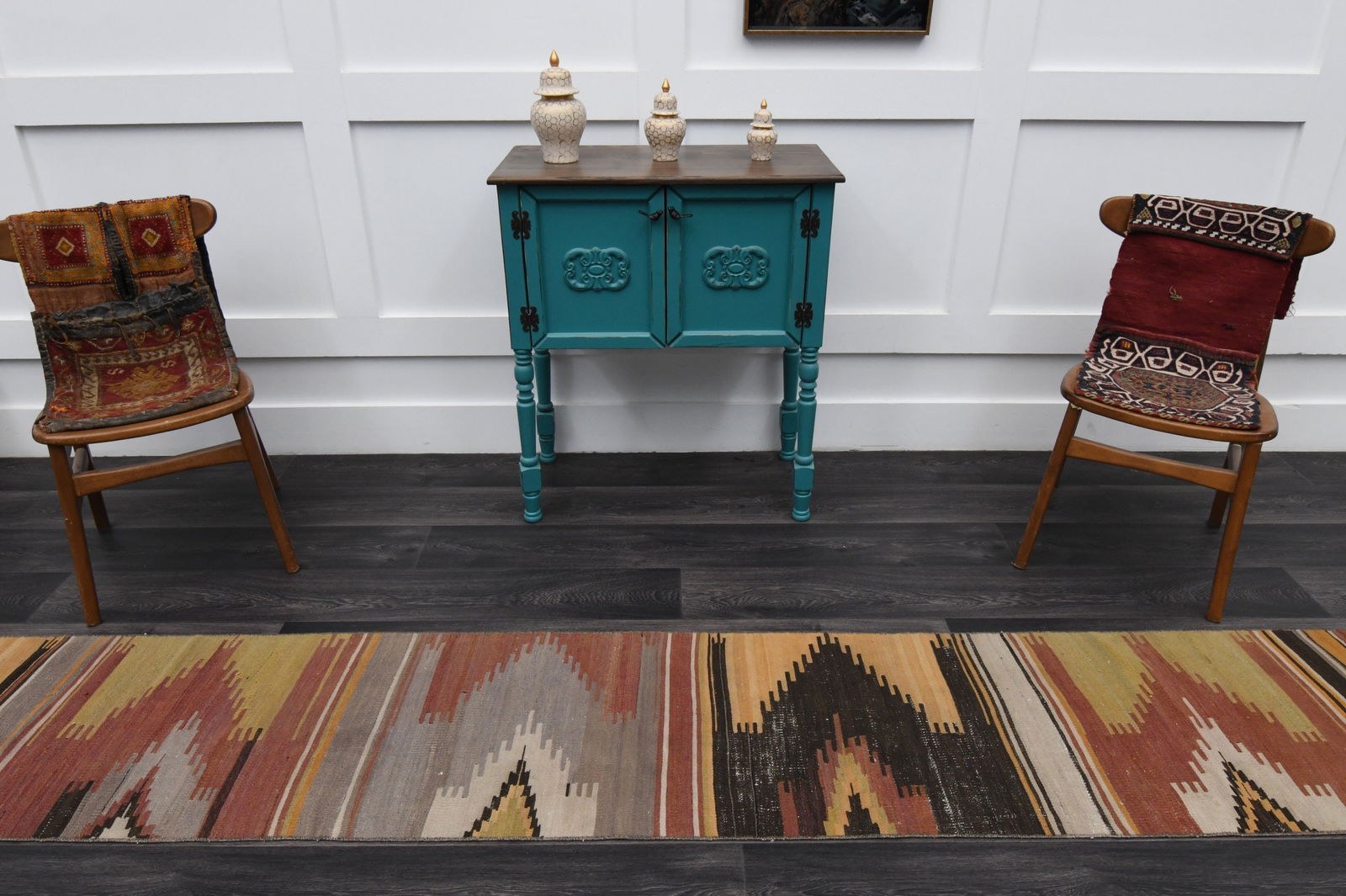 1.8x11.7 ft, TURKISH Rug Runner: Title: 1.8x11.7 ft, TURKISH Rug Runner Description: This Turkish one-of-a-kind Vintage Flatweave Kilim Rug is hand-knotted and handwoven by the most skilled artisans who use pure wool, in vibrant,