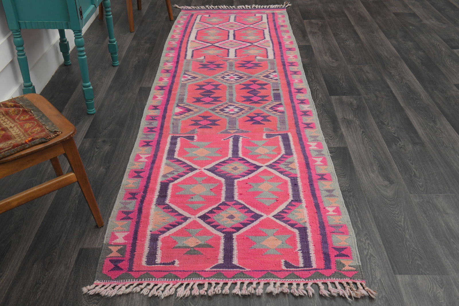 2.4x9.7 ft, TURKISH KILIM Runner: Title: 2.4x9.7 ft, TURKISH KILIM Runner Description: This Turkish one-of-a-kind Vintage Flatweave Kilim Rug is hand-knotted and handwoven by the most skilled artisans who use pure wool, in vibrant,