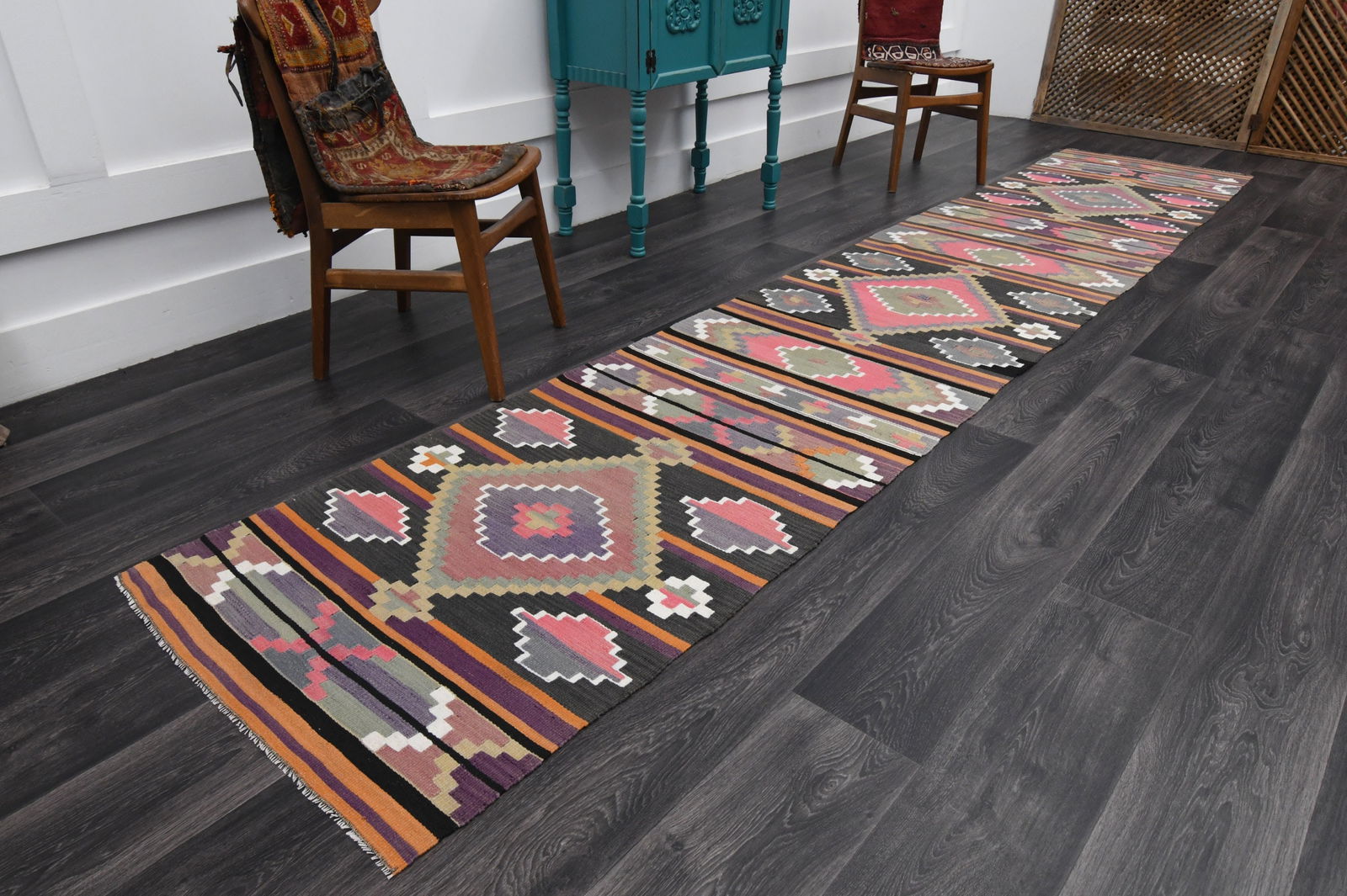 2.7x14 ft, TURKISH Rug Runner: Title: 2.7x14 ft, TURKISH Rug Runner Description: This Turkish one-of-a-kind Vintage Flatweave Kilim Rug is hand-knotted and handwoven by the most skilled artisans who use pure wool, in vibrant,