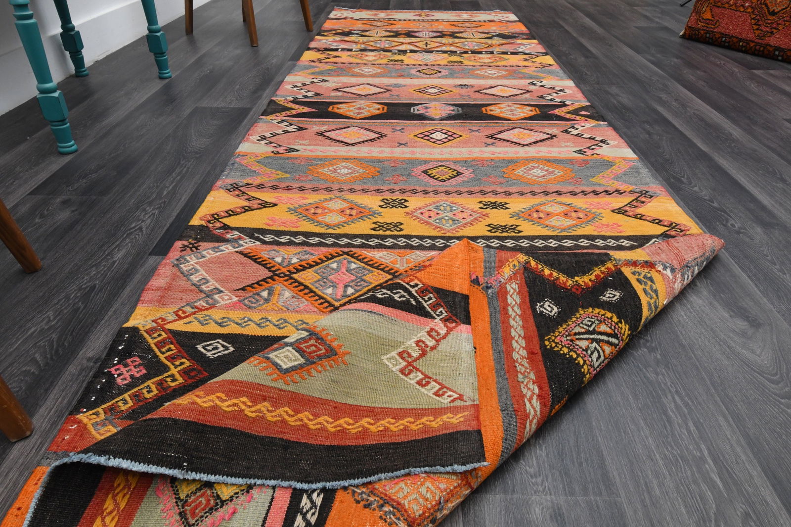 3.7x12.5 ft, TURKISH KILIM Runner - 9