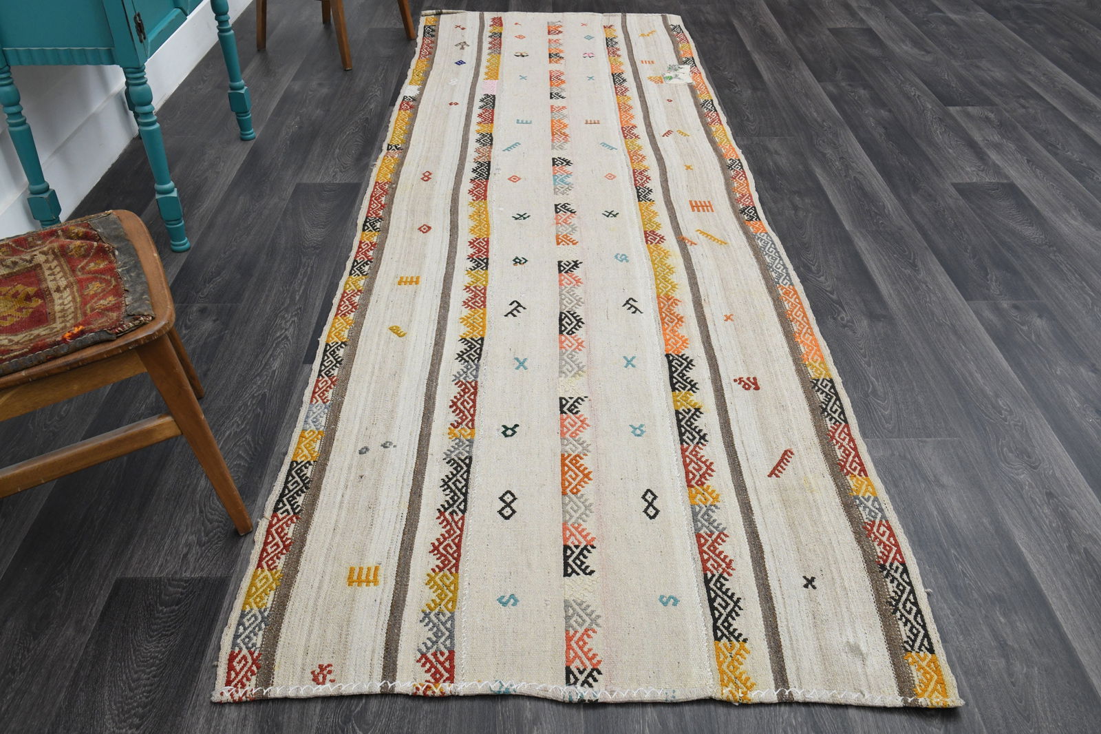 3.8x11.3 ft, TURKISH KILIM Runner: Title: 3.8x11.3 ft, TURKISH KILIM Runner Description: This Turkish one-of-a-kind Vintage Flatweave Kilim Rug is hand-knotted and handwoven by the most skilled artisans who use pure wool, in vibrant, n