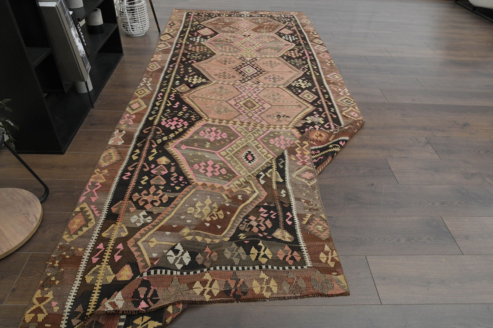 5'6x12'2 ft, COLORFUL WIDE RUNNER: Title: 5'6x12'2 ft, COLORFUL WIDE RUNNER Description: This Turkish one-of-a-kind Vintage Flatweave Kilim Rug is hand-knotted and handwoven by the most skilled artisans who use pure wool, in vibrant,