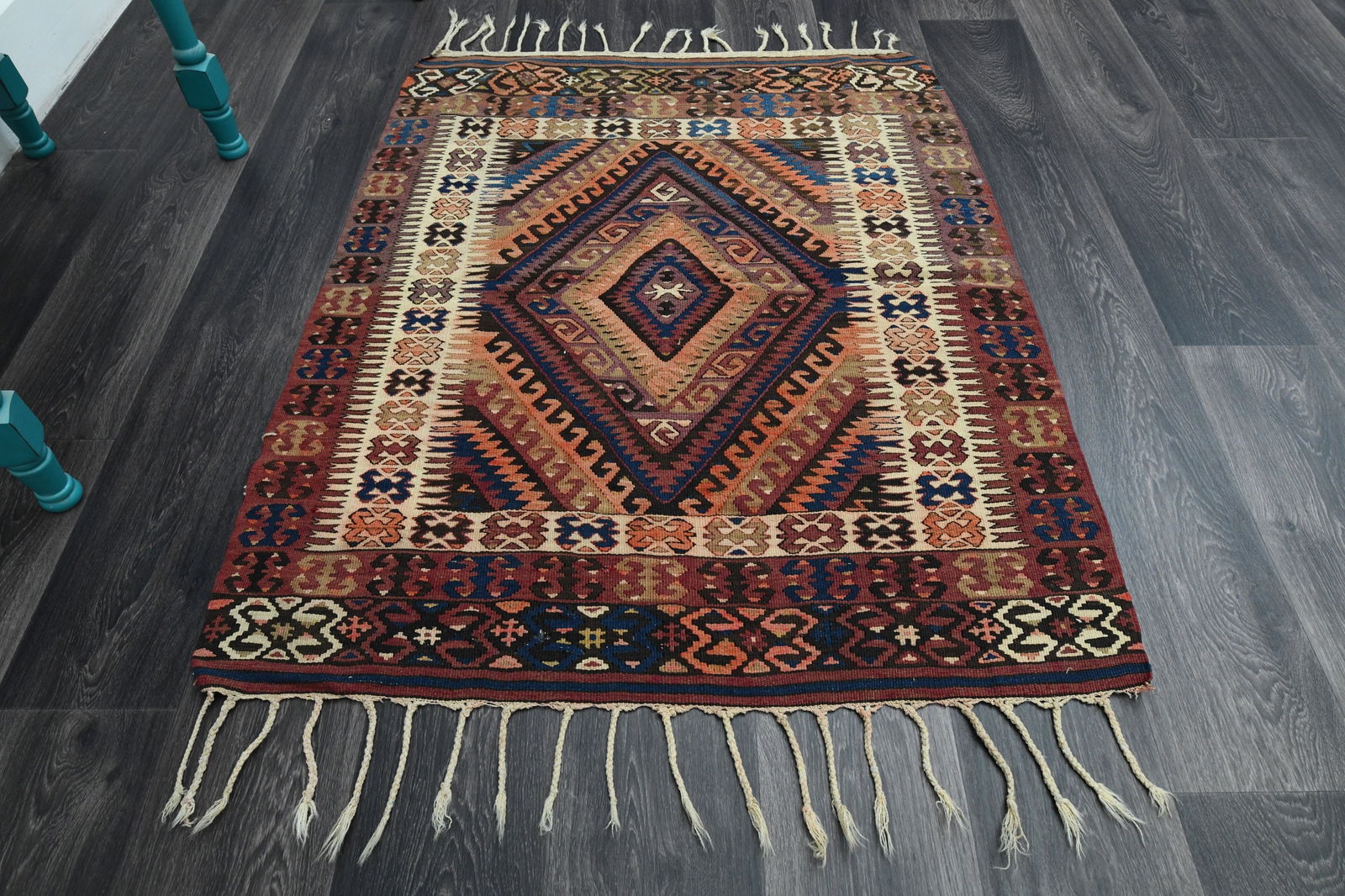 3.3x4.2 ft, TURKISH TASSELED KILIM Rug: Title: 3.3x4.2 ft, TURKISH TASSELED KILIM Rug Description: This Turkish one-of-a-kind Vintage Flatweave Kilim Rug is hand-knotted and handwoven by the most skilled artisans who use pure wool, in vibra