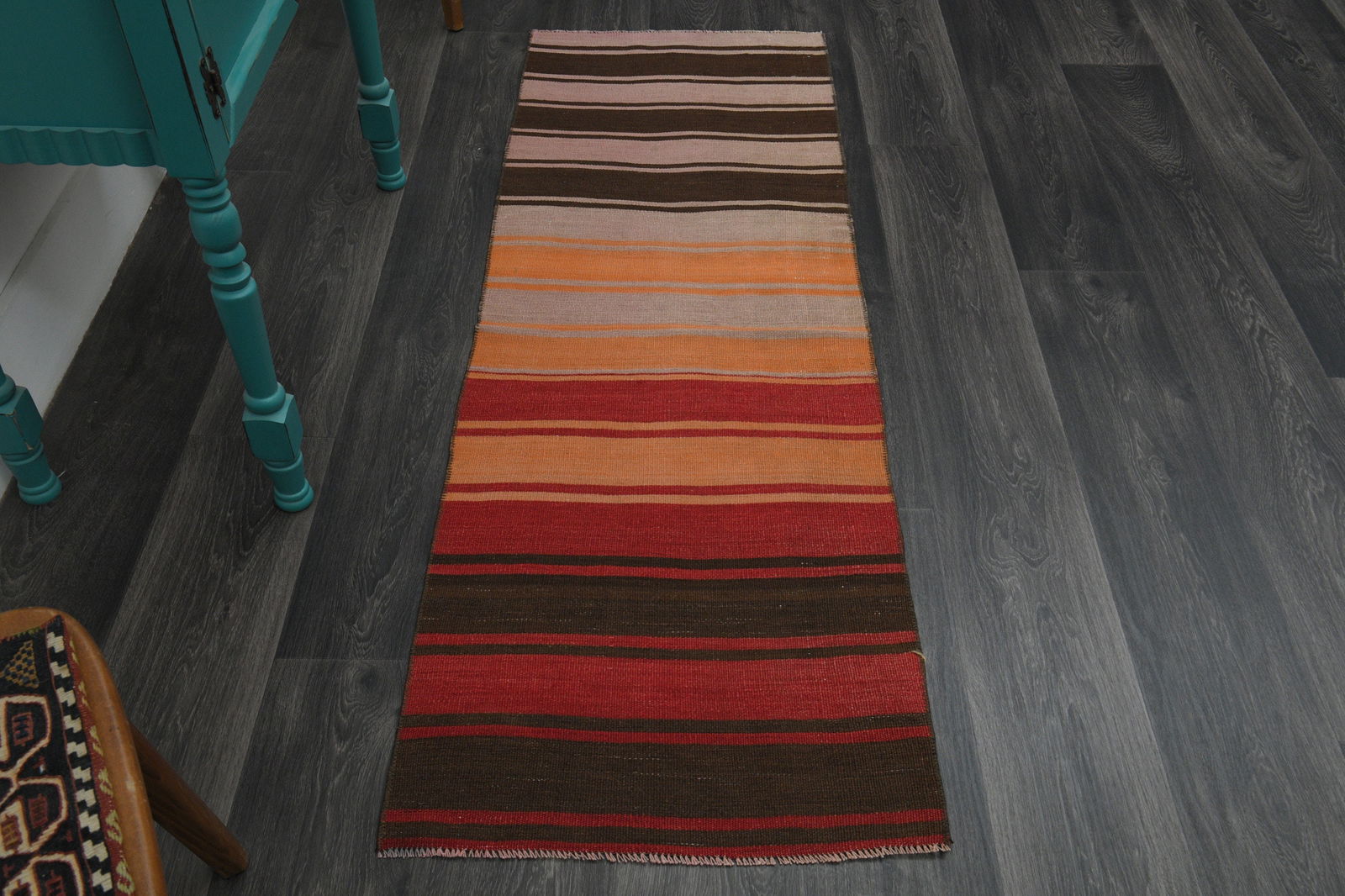 2x5.7 Ft, Narrow TURKISH Runner: Title: 2x5.7 Ft, Narrow TURKISH Runner Description: This Turkish one-of-a-kind Vintage Flatweave Kilim Rug is hand-knotted and handwoven by the most skilled artisans who use pure wool, in vibrant,
