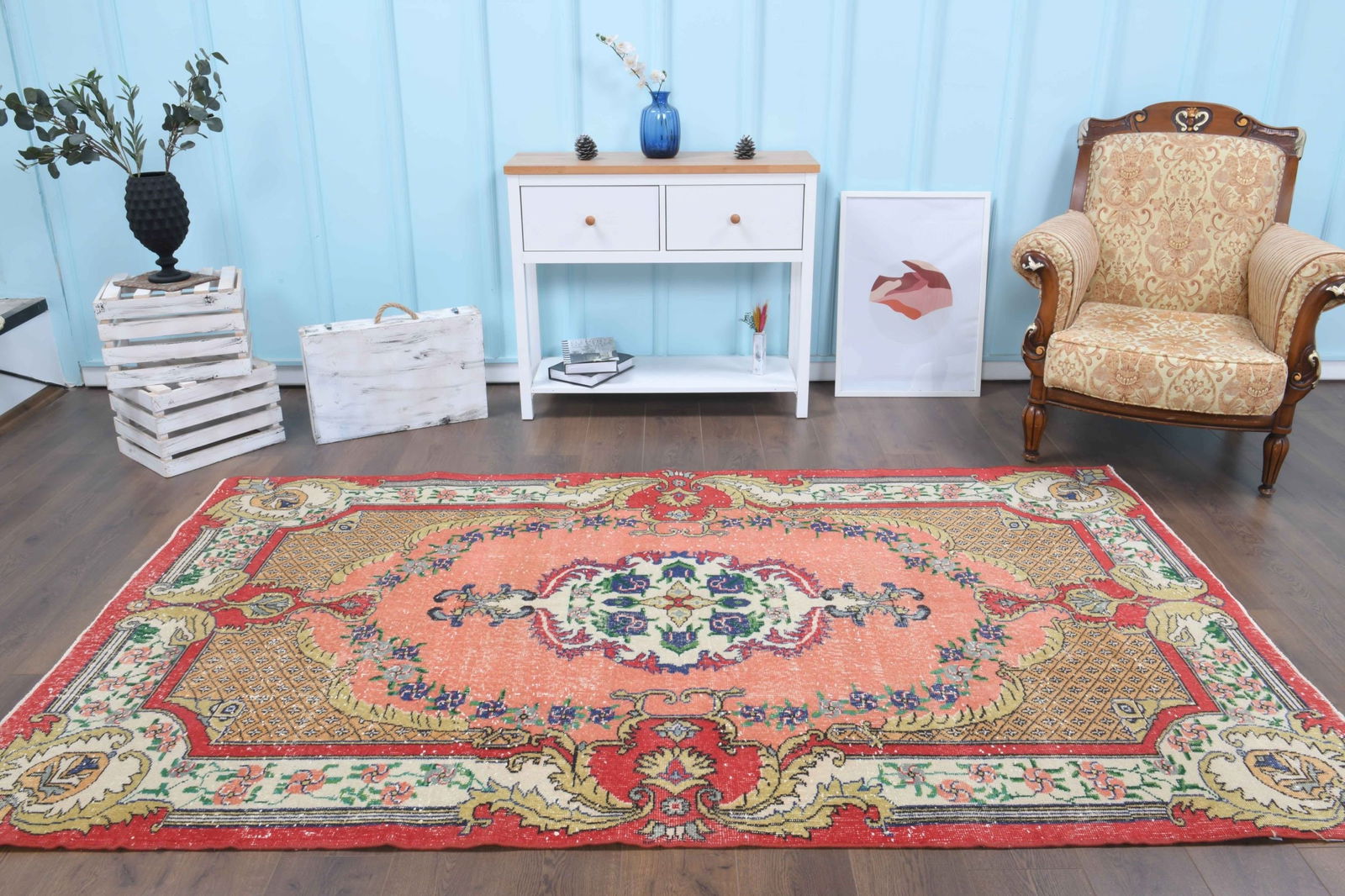 5'1x8'8 ft, RARE RUG, TURKISH Rug: Title: 5'1x8'8 ft, RARE RUG, TURKISH Rug Description: This Turkish one-of-a-kind Vintage Turkish Rug is hand-knotted and handwoven by the most skilled artisans who use pure wool, in muted, natural