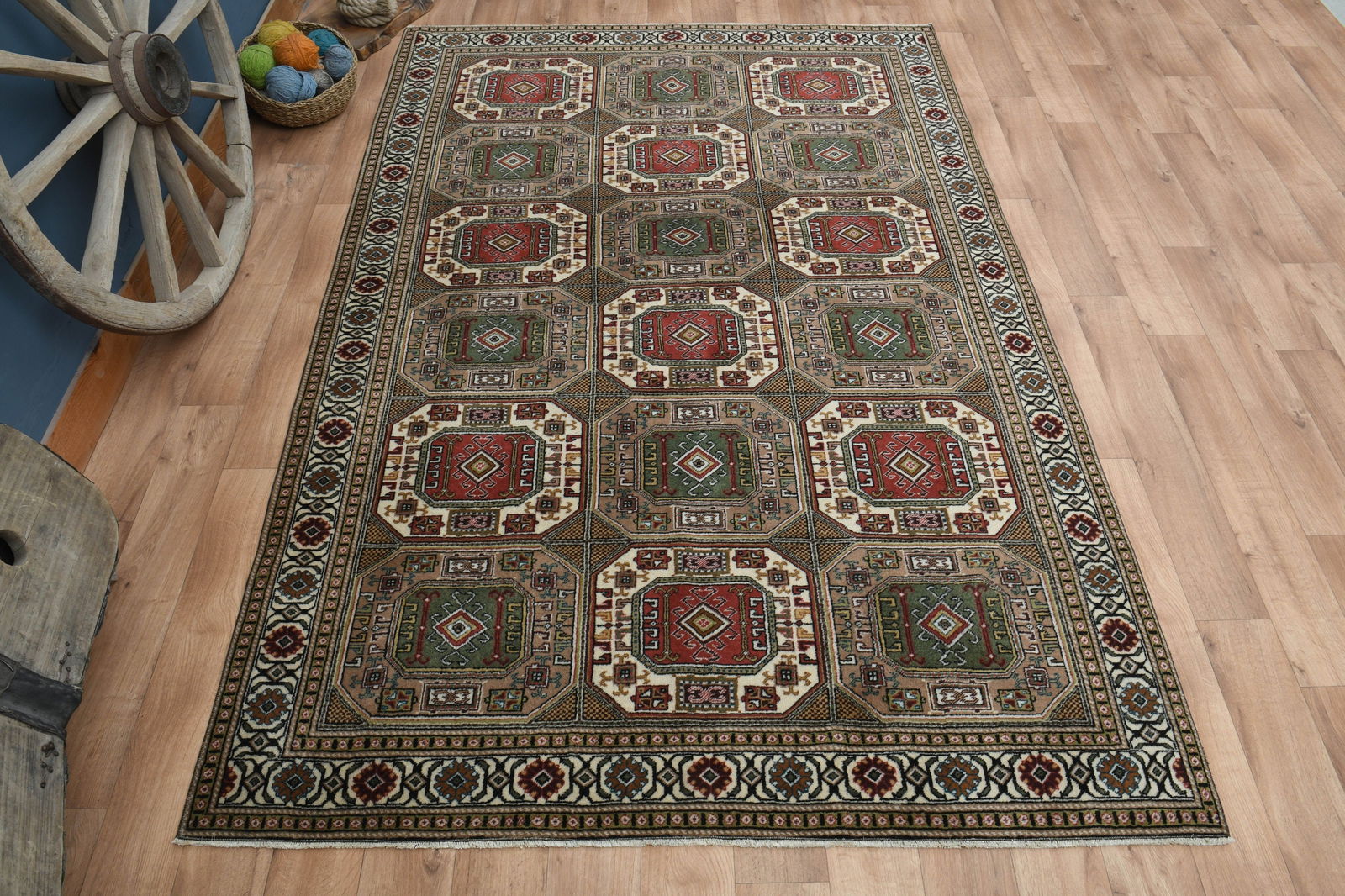 6'4x9'5 ft, RED BROWN GREEN Rug: Title: 6'4x9'5 ft, RED BROWN GREEN Rug Description: This Turkish one-of-a-kind Vintage Turkish Rug is hand-knotted and handwoven by the most skilled artisans who use pure wool, in muted, natural