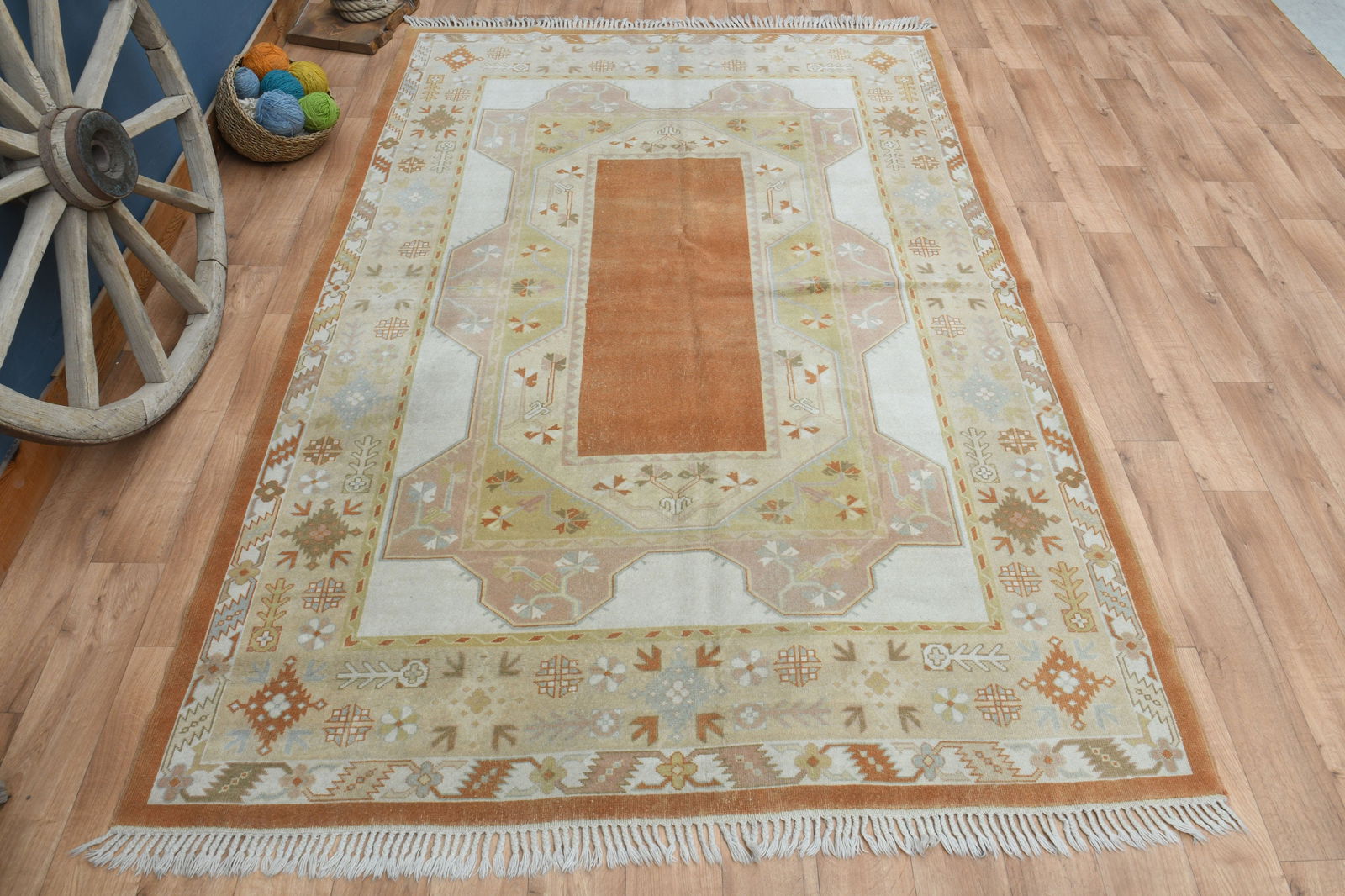 6.7x9.6 ft, BORDERED AREA RUG: Title: 6.7x9.6 ft, BORDERED AREA RUG Description: This Turkish one-of-a-kind Vintage Turkish Rug is hand-knotted and handwoven by the most skilled artisans who use pure wool, in muted, natural tones,