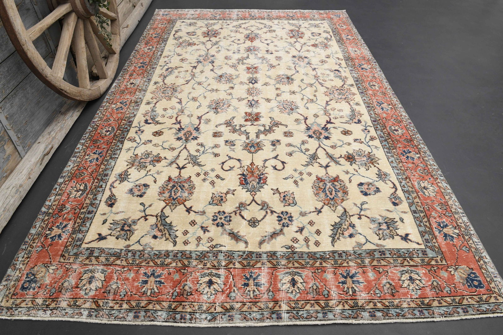 6.4x10.7 AESTHETIC VINTAGE Turkish OUSHAK Rug: Title: 6.4x10.7 AESTHETIC VINTAGE Turkish OUSHAK Rug Description: This Turkish one-of-a-kind Vintage Turkish Rug is hand-knotted and handwoven by the most skilled artisans who use pure wool, in muted,