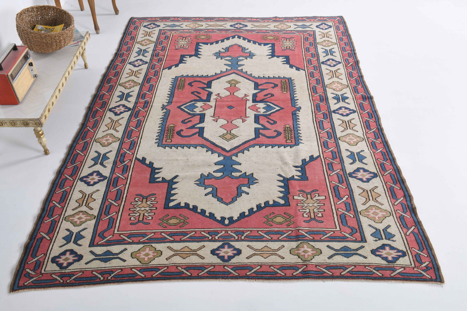 6.3x9 ft, TURKISH Rug, OUSHAK: Title: 6.3x9 ft, TURKISH Rug, OUSHAK Description: This Turkish one-of-a-kind Vintage Turkish Rug is hand-knotted and handwoven by the most skilled artisans who use pure wool, in muted, natural tones,