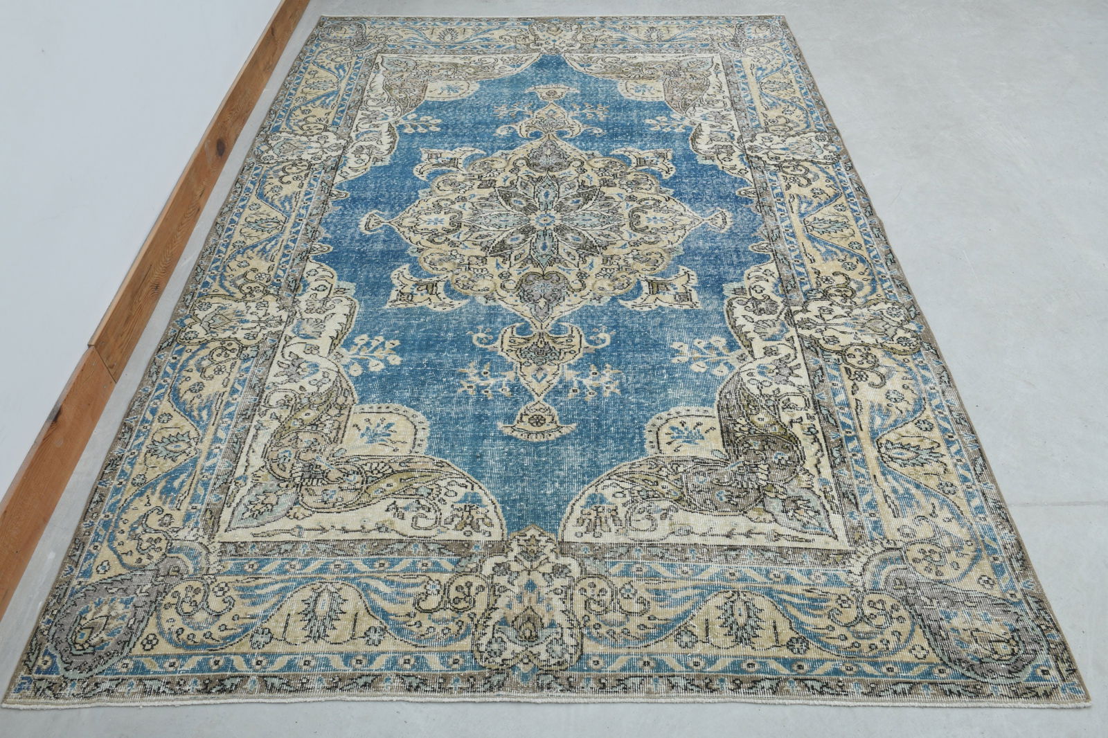 7.1x10.3 ft, BLUE TURKISH RUG: Title: 7.1x10.3 ft, BLUE TURKISH RUG Description: This Turkish one-of-a-kind Vintage Turkish Rug is hand-knotted and handwoven by the most skilled artisans who use pure wool, in muted, natural tones,