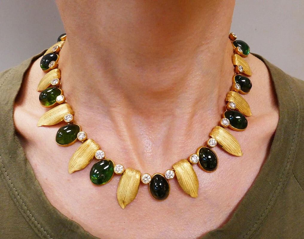 Buccellati Vintage NECKLACE EARRINGS SET 18k Gold Diamond Tourmal Estate Jewelry - 3