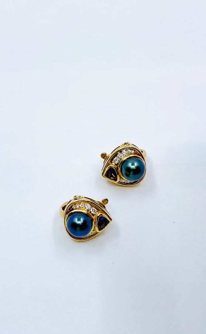 Vintage Marina B Earrings 18k Gold Black Pearl Gemstones - 2