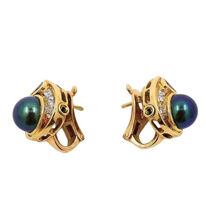Vintage Marina B Earrings 18k Gold Black Pearl Gemstones - 5
