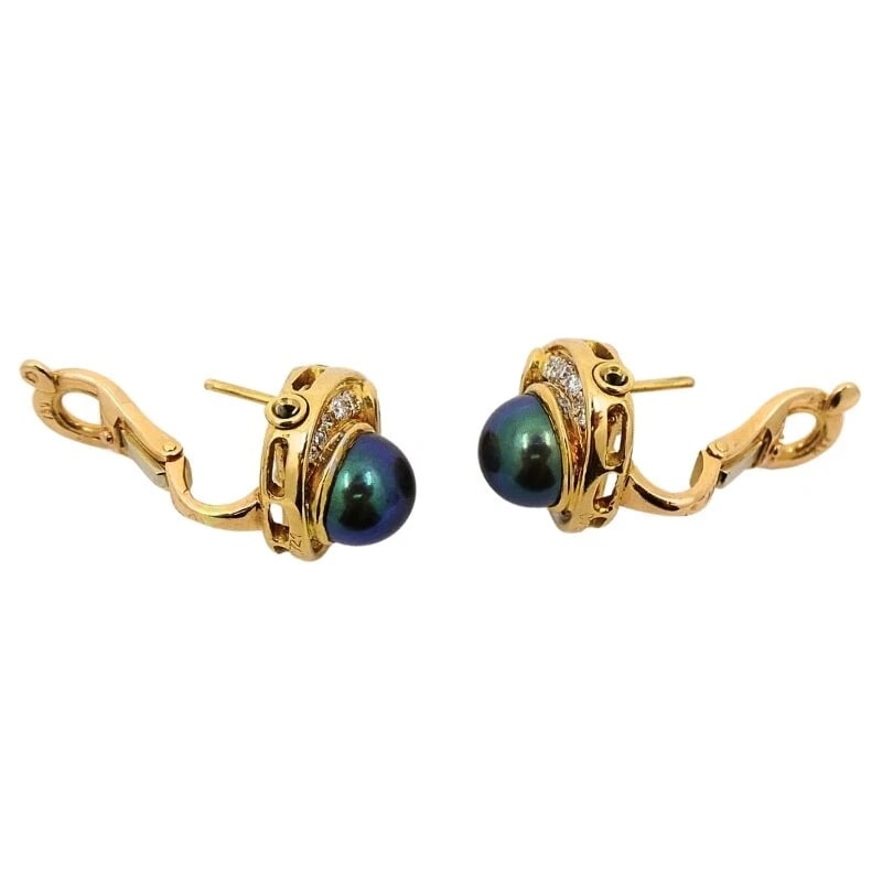 Vintage Marina B Earrings 18k Gold Black Pearl Gemstones - 6