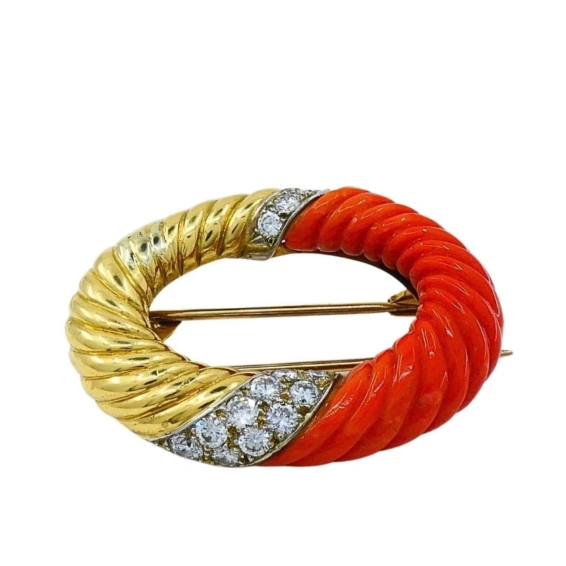 Bvlgari Bulgari 18k Gold Coral Diamond Oval Brooch - 7