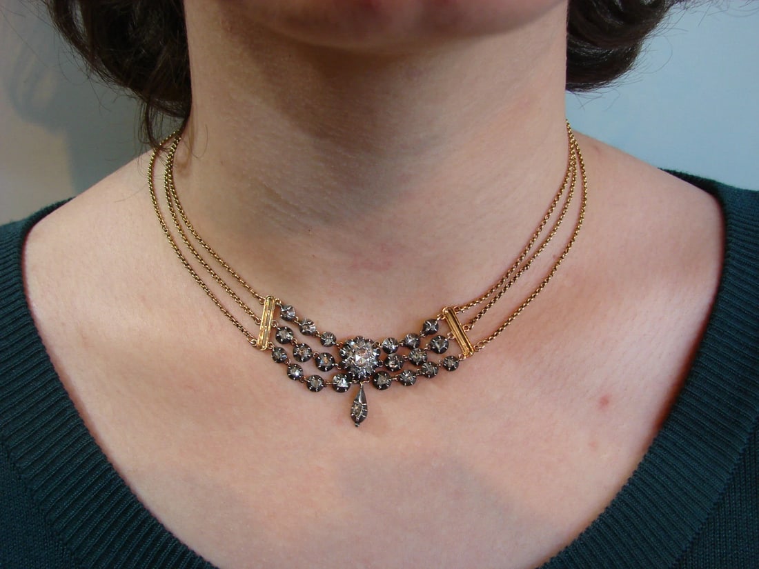Georgian Diamond Silver Yellow Gold NECKLACE French 1830s Delicate Feminine - 2