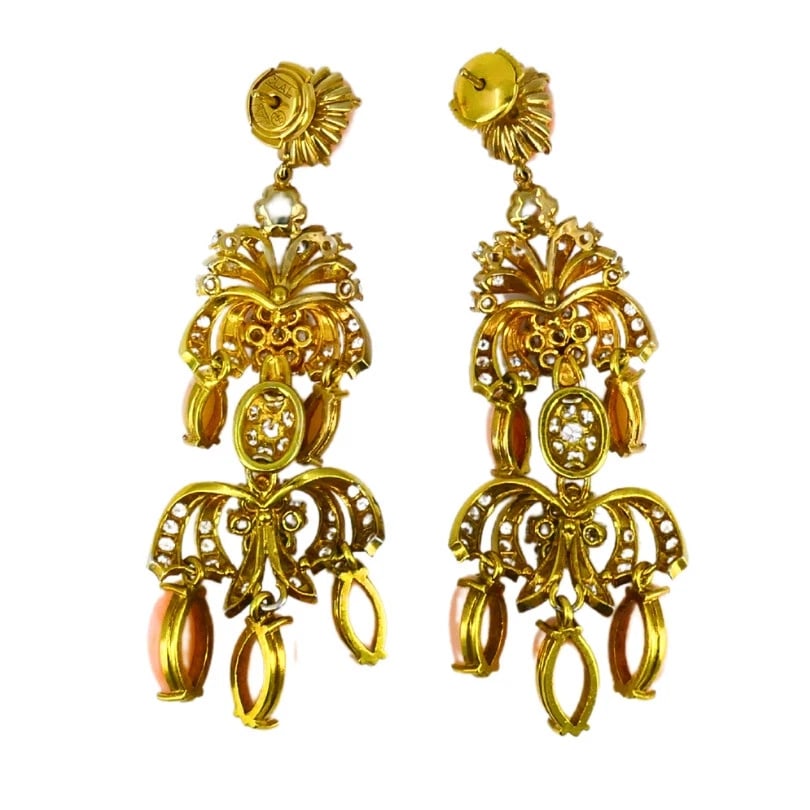 Vintage Angel Skin Coral Dangle EARRINGS 18k Gold Diamond Estate Jewelry - 8