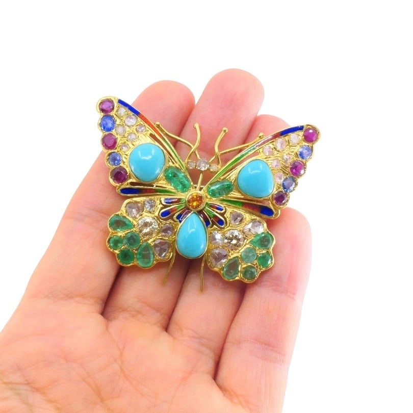 Vintage 18k Gold Multigem Butterfly Brooch Statement Insect Jewelry - 3